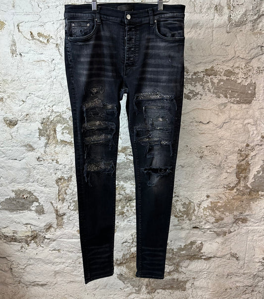 Amiri MX1 Gray Paisley Black Denim Jeans Sz 36