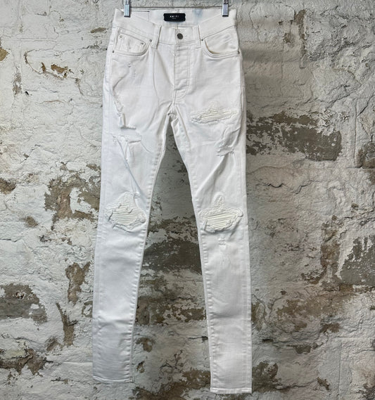 Amiri MX1 White Leather White Denim Jeans Sz 28