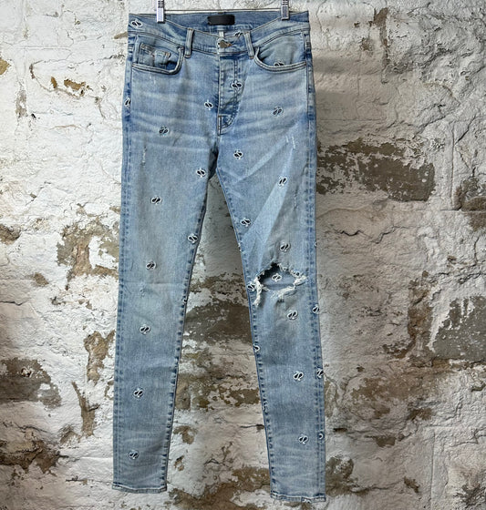 Amiri Knee Hole Paisley Logos Blue Denim Jeans Sz 32