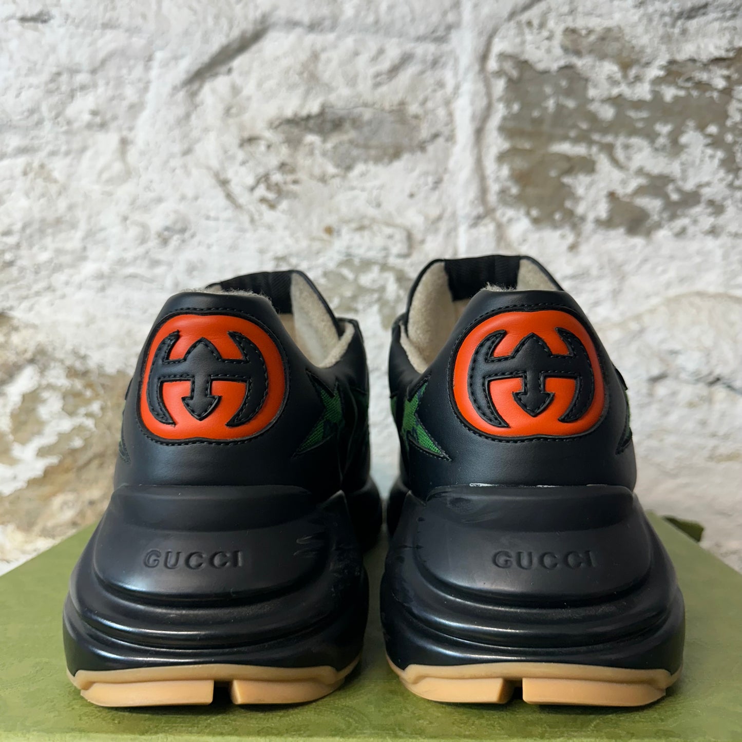 Gucci Rython Green Star Monogram Black Sneaker Sz 10.5