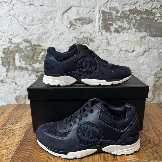 Chanel CC Navy Tweed Trainer Sneaker Sz 6.5 (39.5) DS