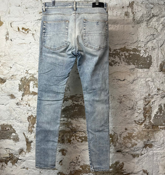Amiri MX1 Black Leather Washed Blue Denim Jeans Sz 34