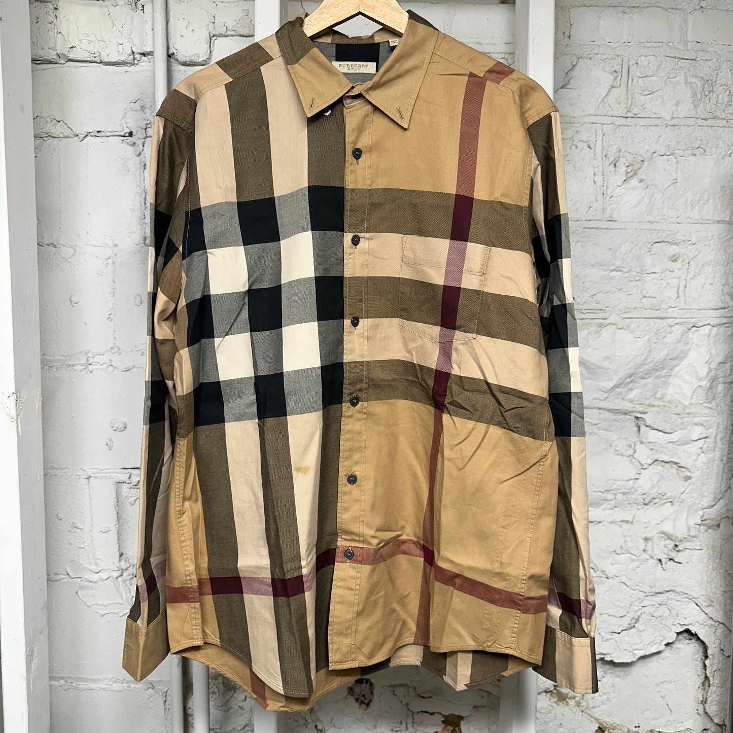 Burberry Tan Plaid Button Up Sz L