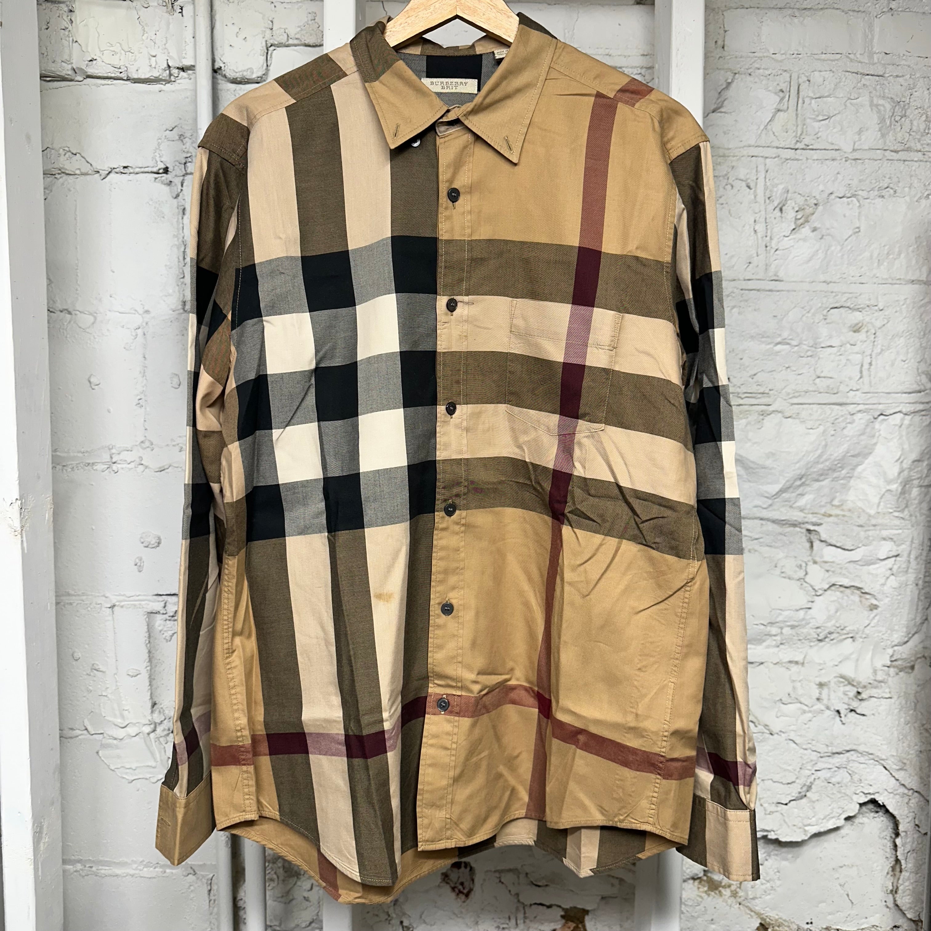 Burberry Tan Plaid Button Up Sz L