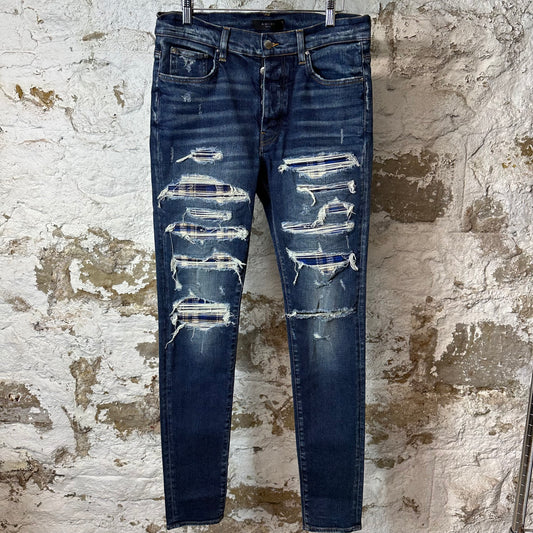 Amiri MX1 Blue Plaid Flannel Thrasher Dark Blue Denim Jeans Sz 33