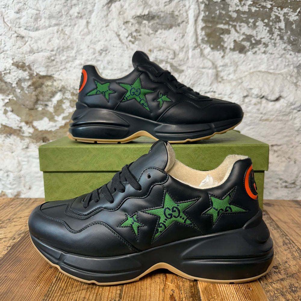 Gucci Rython Green Star Monogram Black Sneaker Sz 10.5