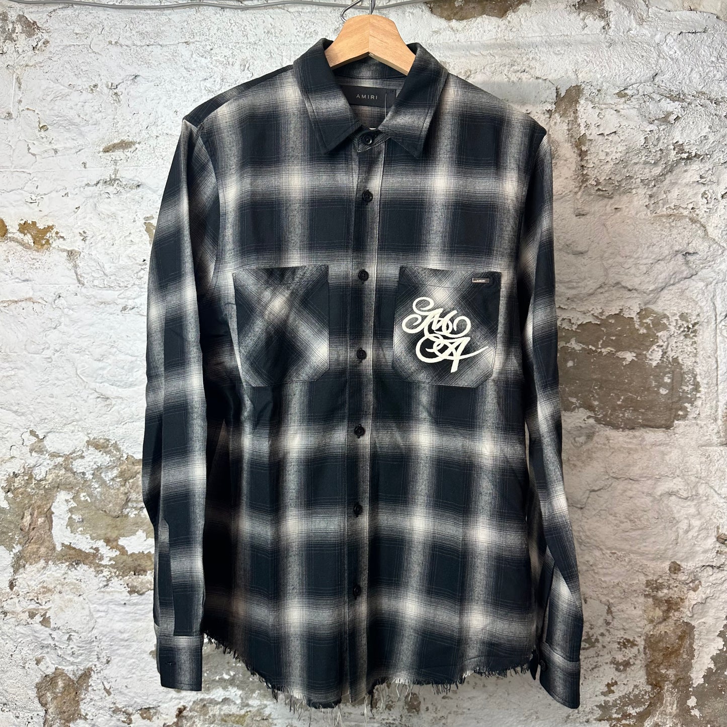 Amiri Swirl Logo Black Grey Plaid Flannel Sz S