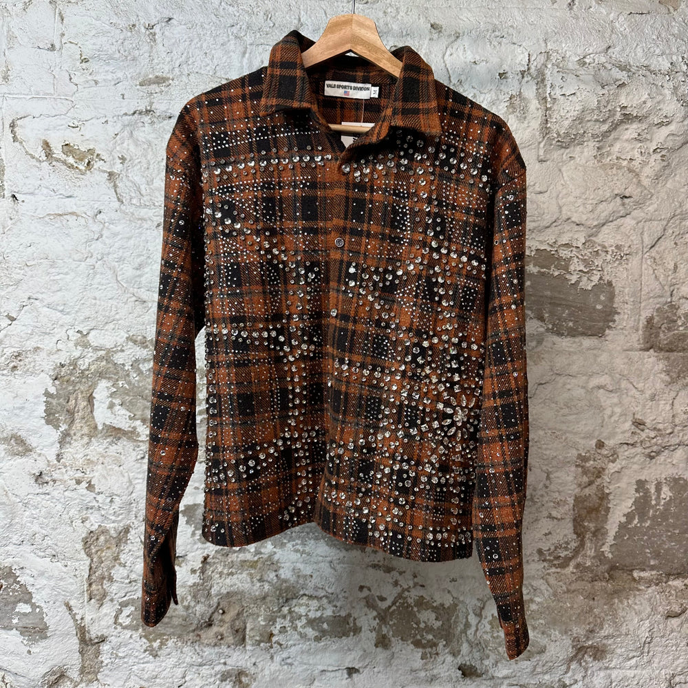 Vale Orange Black Plaid Rhinestone Flannel Sz M