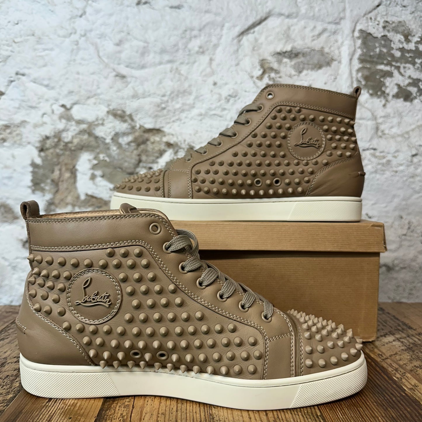 Christian Louboutin High Beige Leather Spike Sneaker Sz 11 (44)