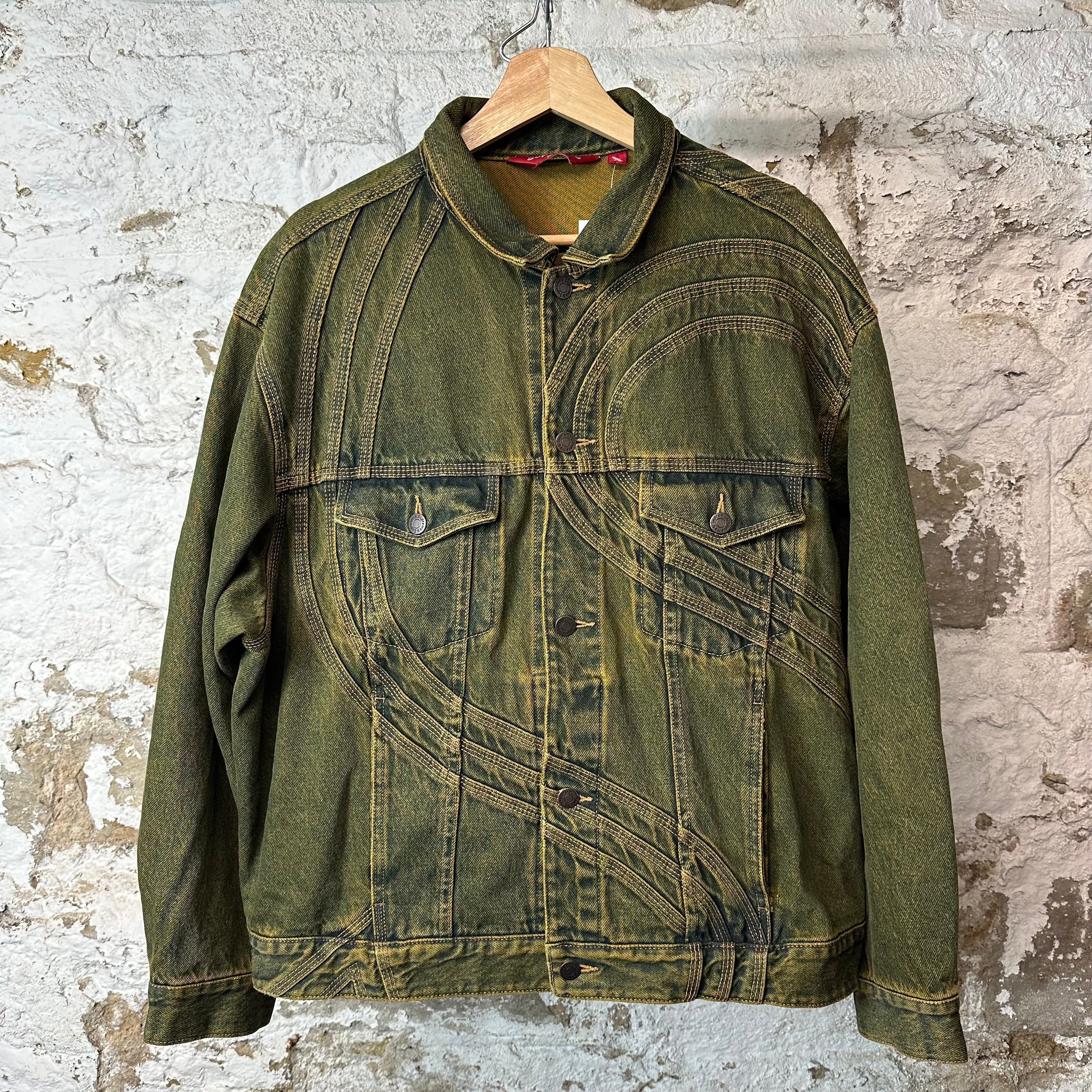 Supreme S Logo Denim Trucker Jacket Dirty Green Sz L