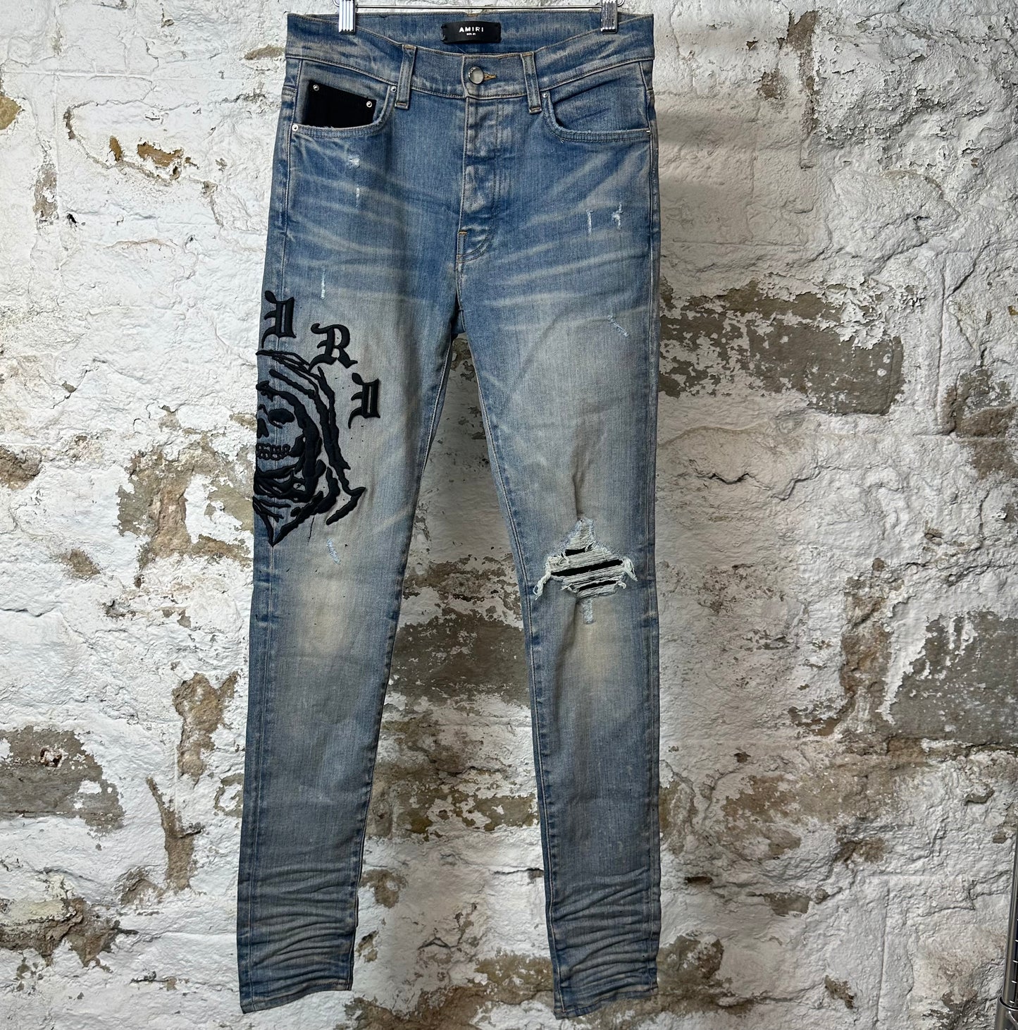 Amiri Embroidered Reaper Logo Blue Denim Jeans Sz 30