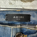 Amiri Brown Leather Core Logo Blue Denim Jeans Sz 29