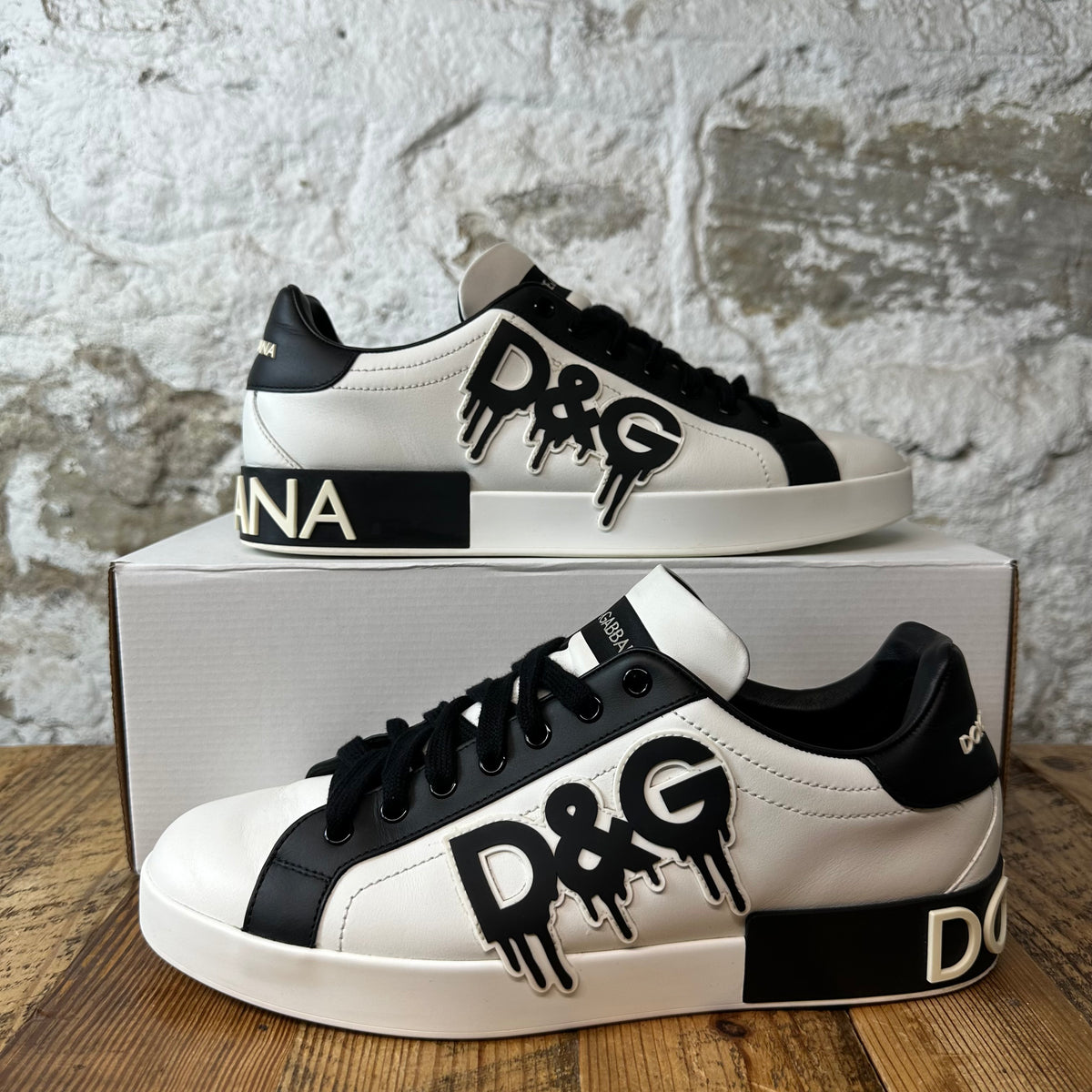 Dolce Gabbana Paint Drip Logo Black White Portofino Sneaker Sz 9