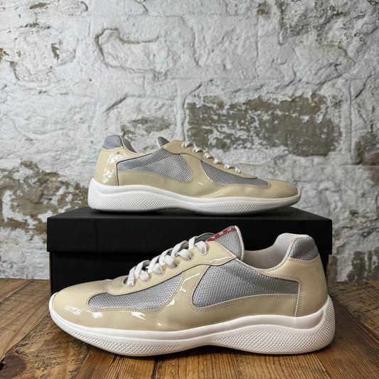 Prada Americas Cup Beige Patent Grey White Sneaker Sz 14