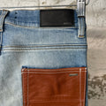 Amiri Brown Leather Spell Blue Denim Jeans Sz 28