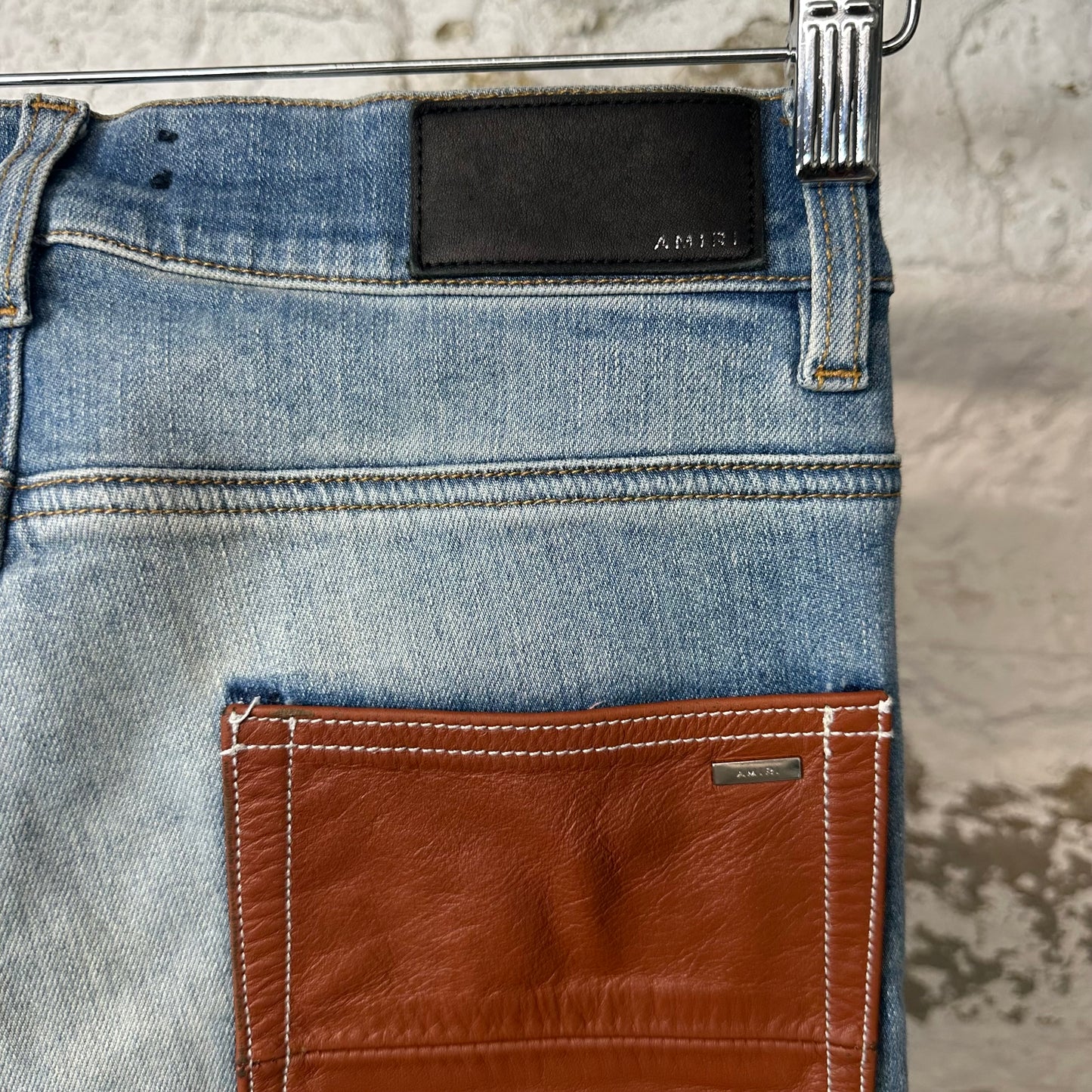 Amiri Brown Leather Spell Blue Denim Jeans Sz 28