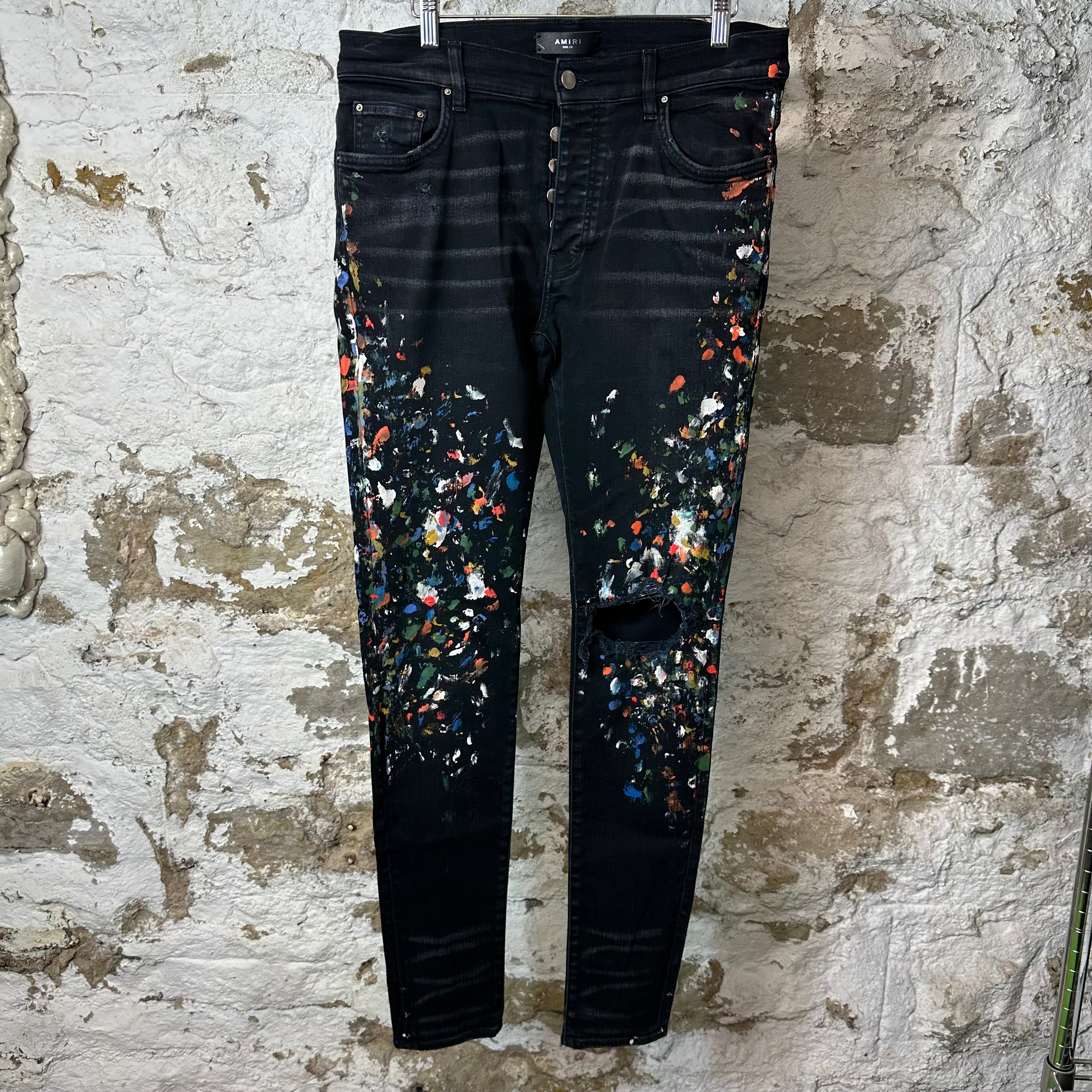 Amiri Knee Rip Paint Splatter Black Denim Jeans Sz 33