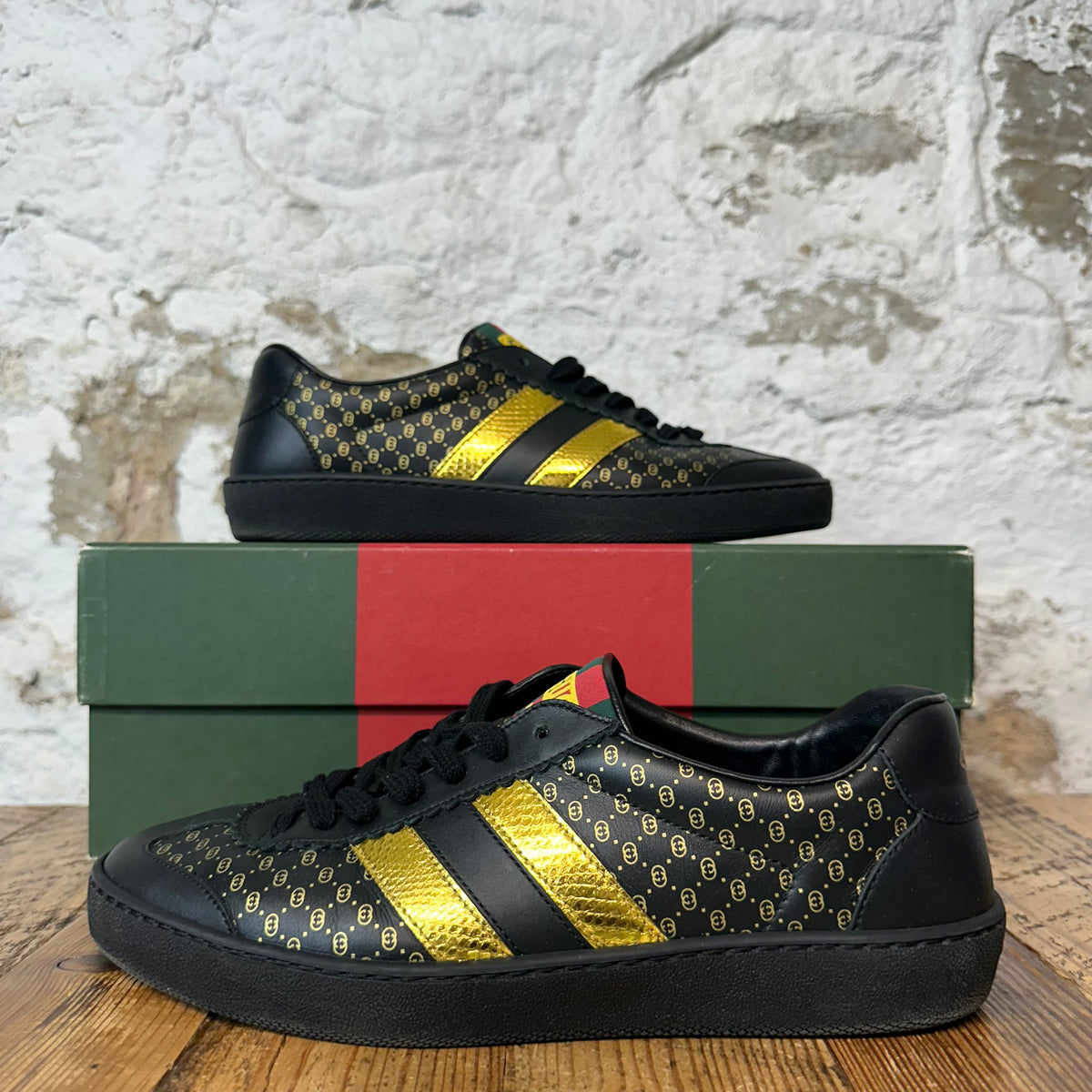 Gucci Dapper Dan Black Gold Ace Sneaker Sz 7.5 – The Gallery Online