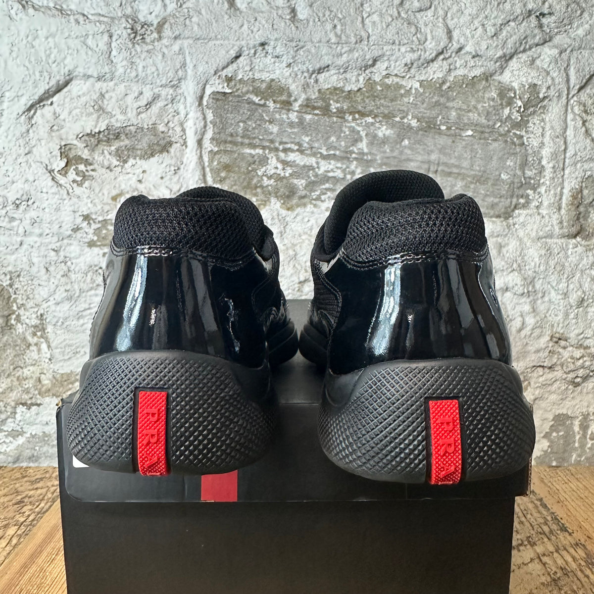 Prada Americas Cup Triple Black Patent Sneaker Sz 7.5
