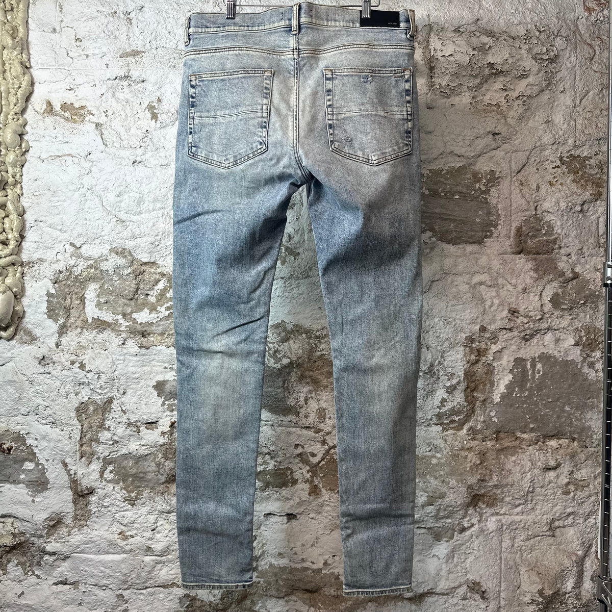 Amiri MX1 Black Leather Washed Blue Denim Jeans Sz 36