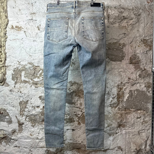 Amiri MX1 Black Leather Washed Blue Denim Jeans Sz 36
