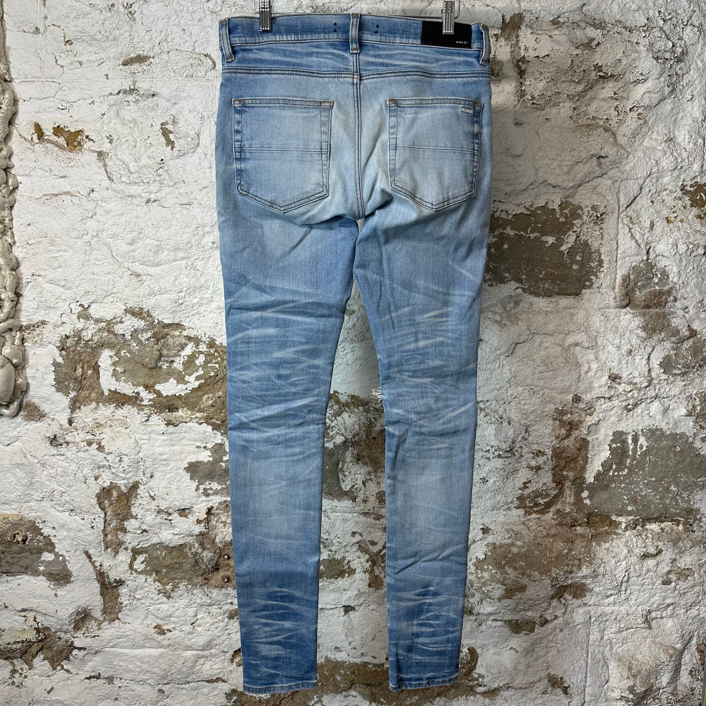 Amiri MX1 Black Leather Light Blue Denim Jeans Sz 30