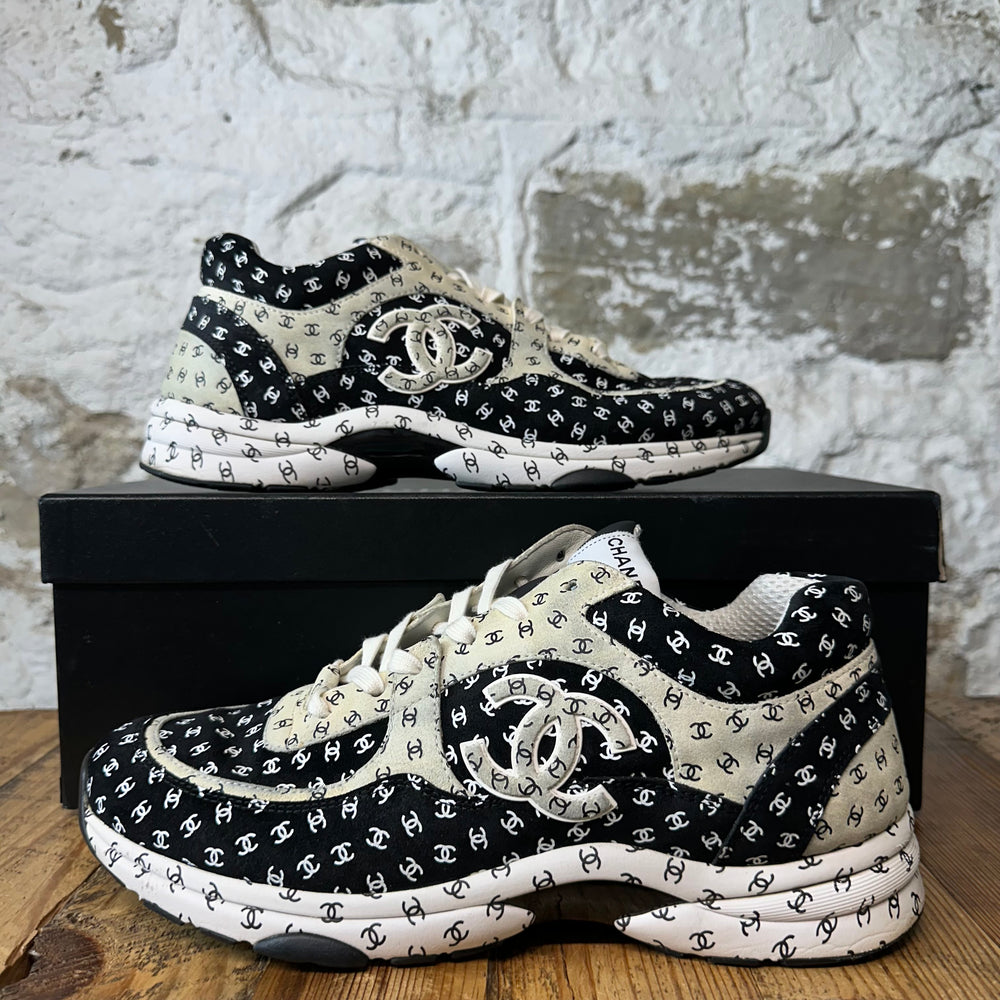 Chanel CC Embossed Beige Black Trainer Sneaker Sz 12 (45)