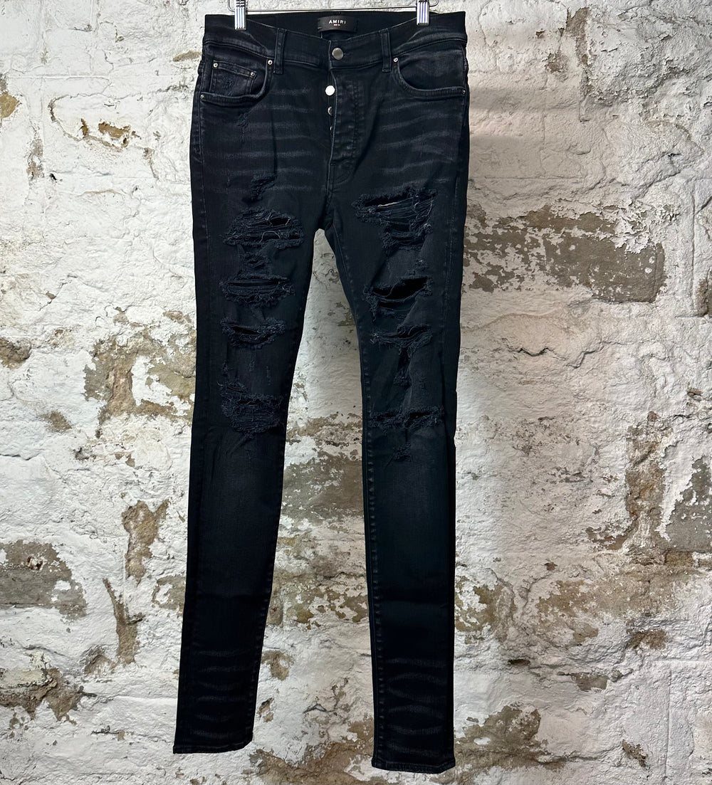 Amiri Plain Black Distressed Denim Jeans Sz 30