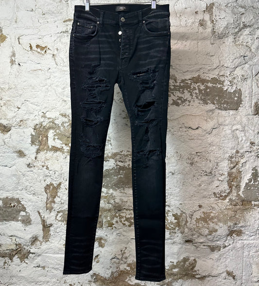 Amiri Plain Black Distressed Denim Jeans Sz 30