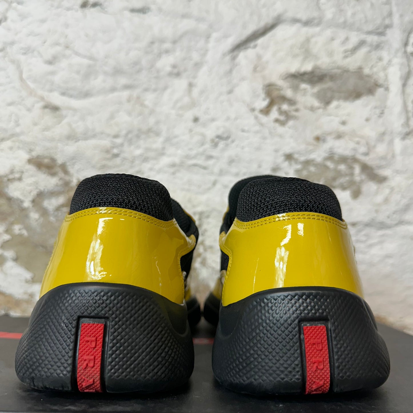Prada Americas Cup Yellow Patent Black Sneaker Sz 8.5