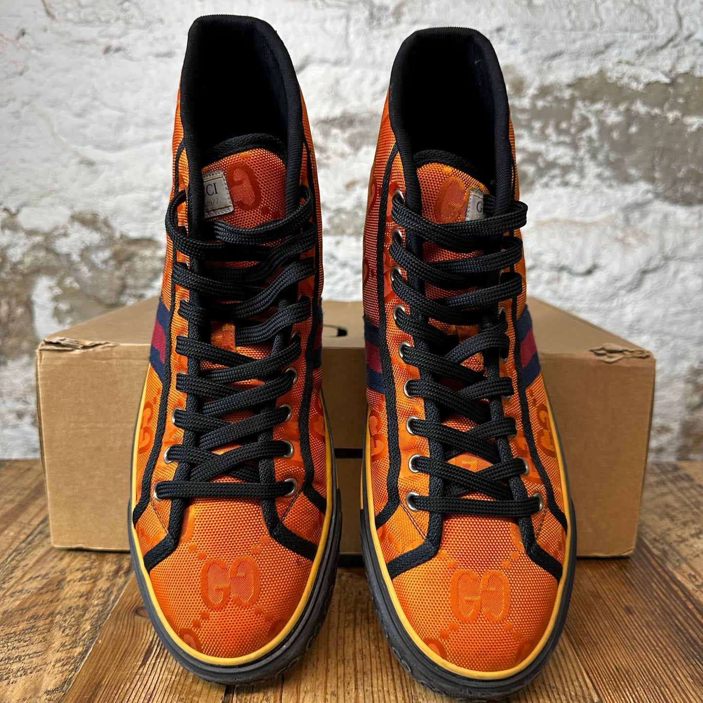 Gucci High Tennis 1977 Orange GG Monogram Nylon Sneaker Sz 9.5