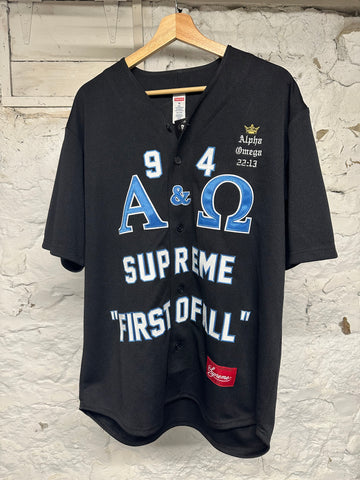 Supreme Alpha Omega Black Blue Baseball Jersey Sz M