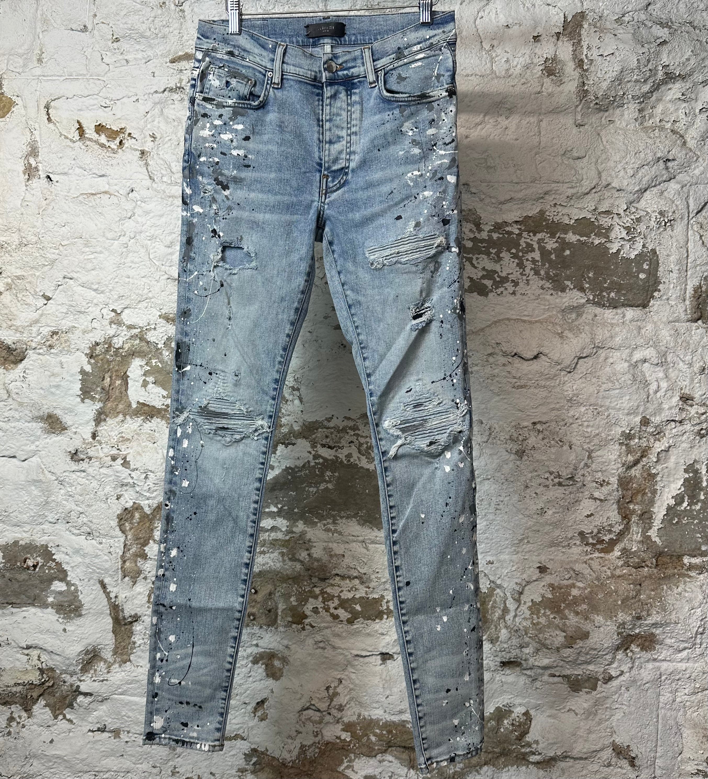 Amiri MX1 Denim Paint Splatter Blue Denim Jeans Sz 30
