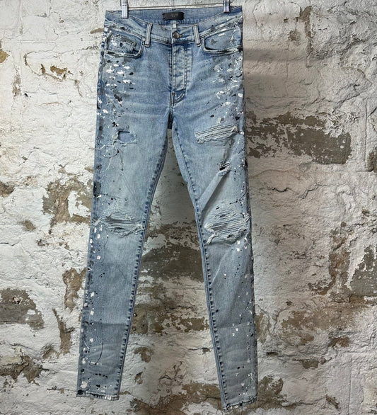 Amiri MX1 Denim Paint Splatter Blue Denim Jeans Sz 30