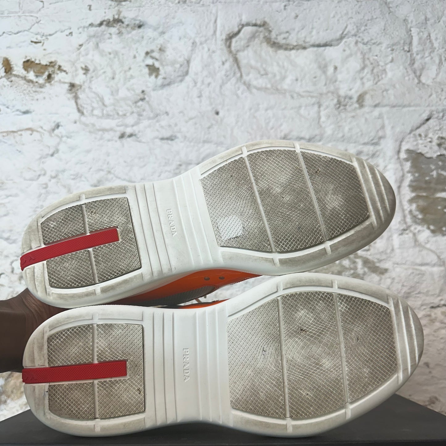 Prada Americas Cup Orange Patent Grey White Sneaker Sz 9.5