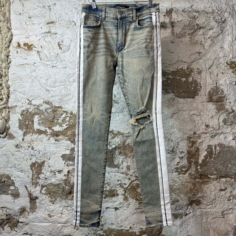 Amiri White Stripe Acid Wash Blue Denim Jeans Sz 30