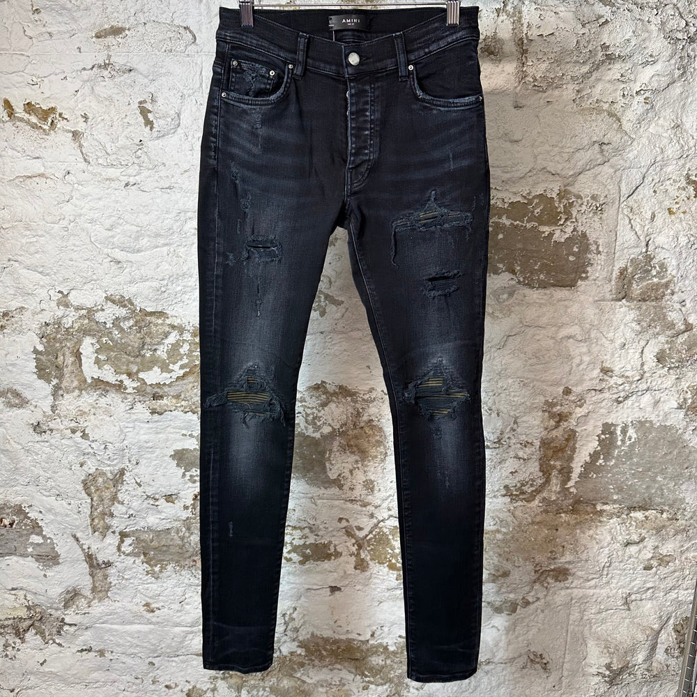 Amiri MX1 Camo Patch Black Denim Jeans Sz 29