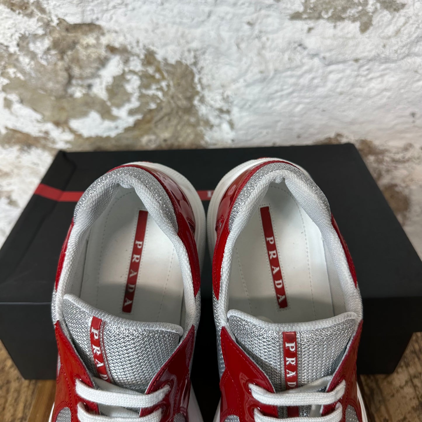 Prada Americas Cup Red Patent Gray White Sneaker Sz 10.5