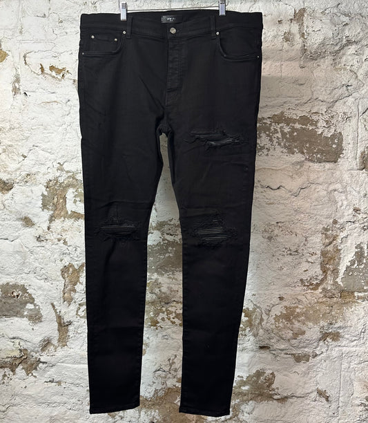 Amiri MX1 Black Leather Black Denim Jeans Sz 40