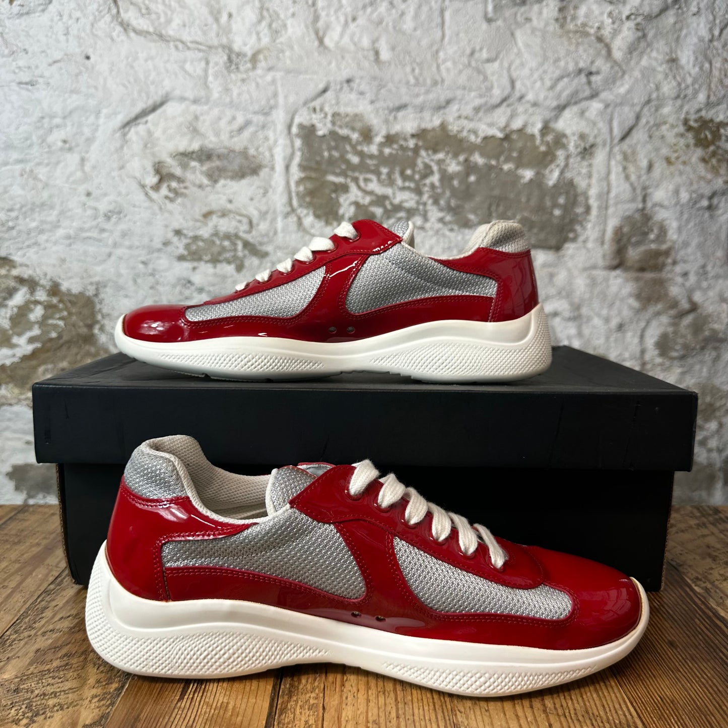 Prada Americas Cup Red Patent Grey White Sneaker Sz 7.5