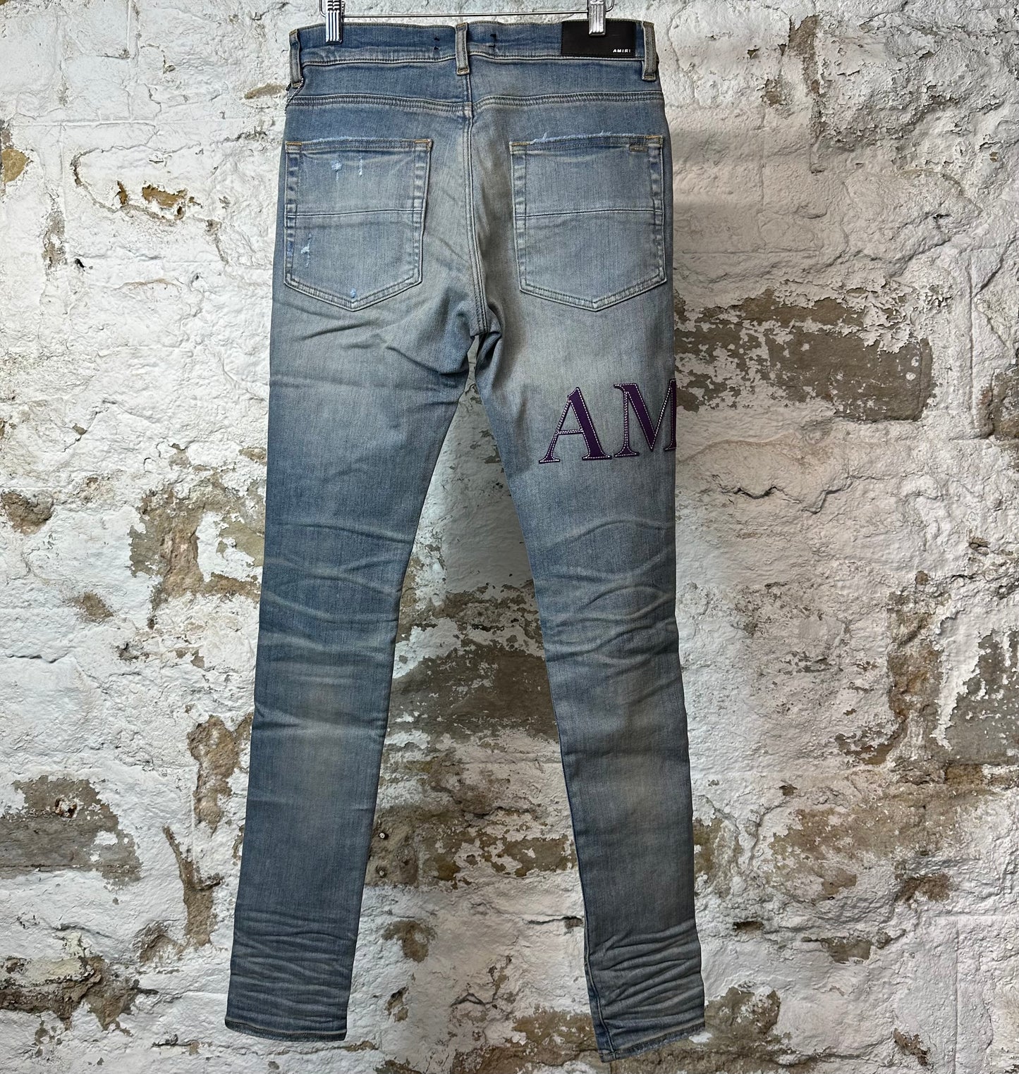 Amiri Purple Suede Spell Blue Denim Jeans