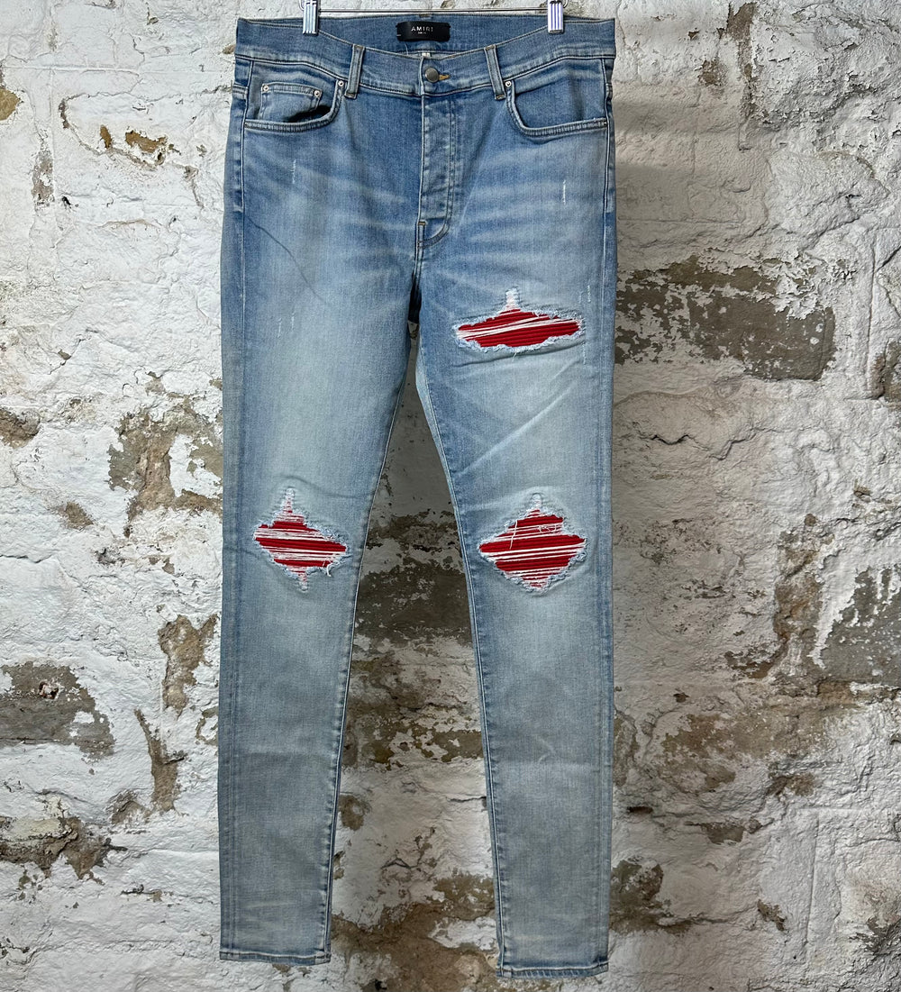 Amiri MX1 Red Suede Blue Denim Jeans Sz 34