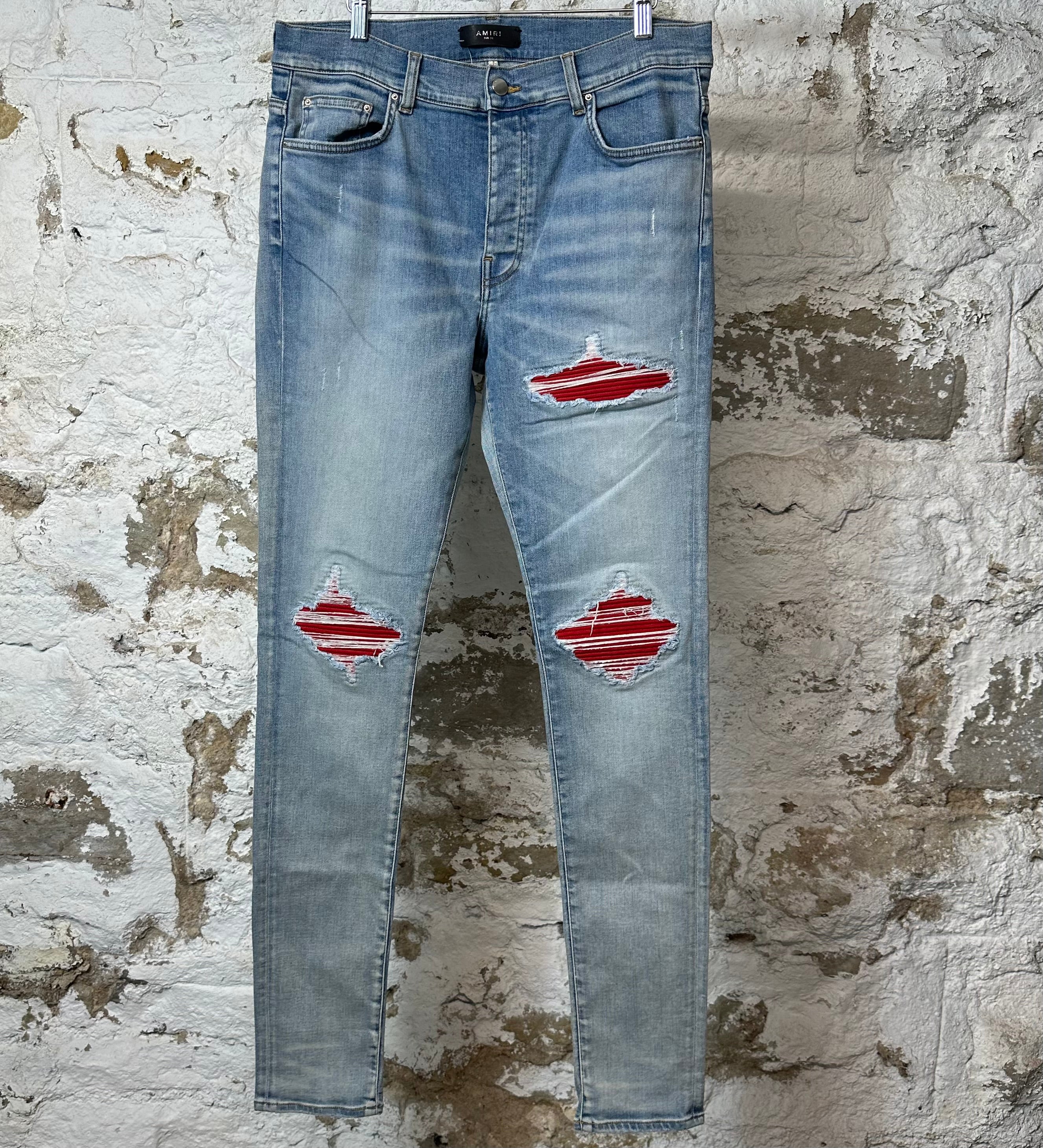 Amiri MX1 Red Suede Blue Denim Jeans Sz 34