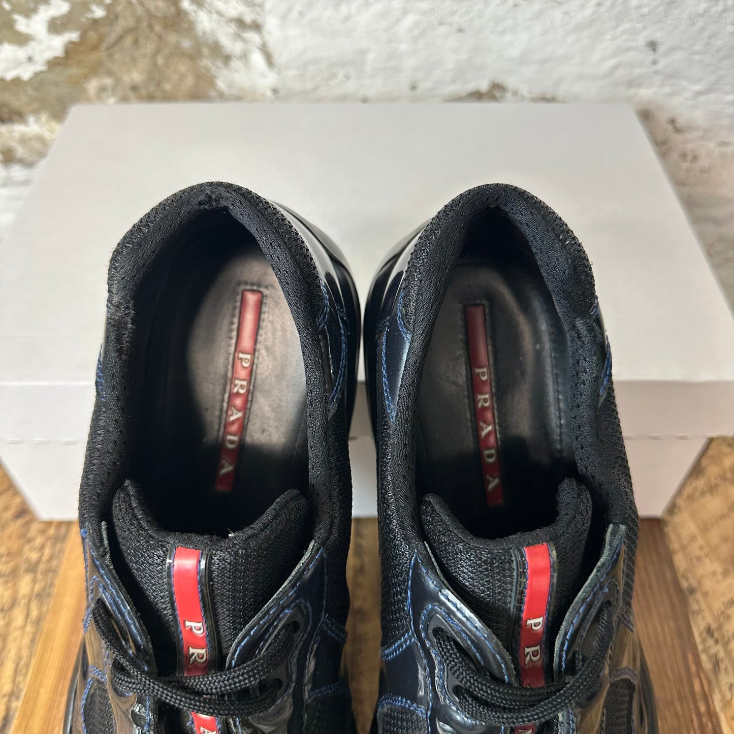 Prada Americas Cup Vintage Navy Patent Black Sneaker Sz 9.5