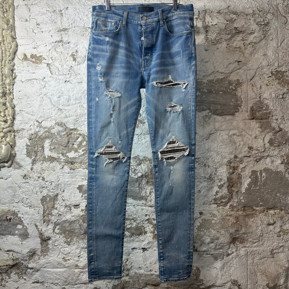 Amiri MX1 Grey Orange Plaid Blue Denim Jeans Sz 34