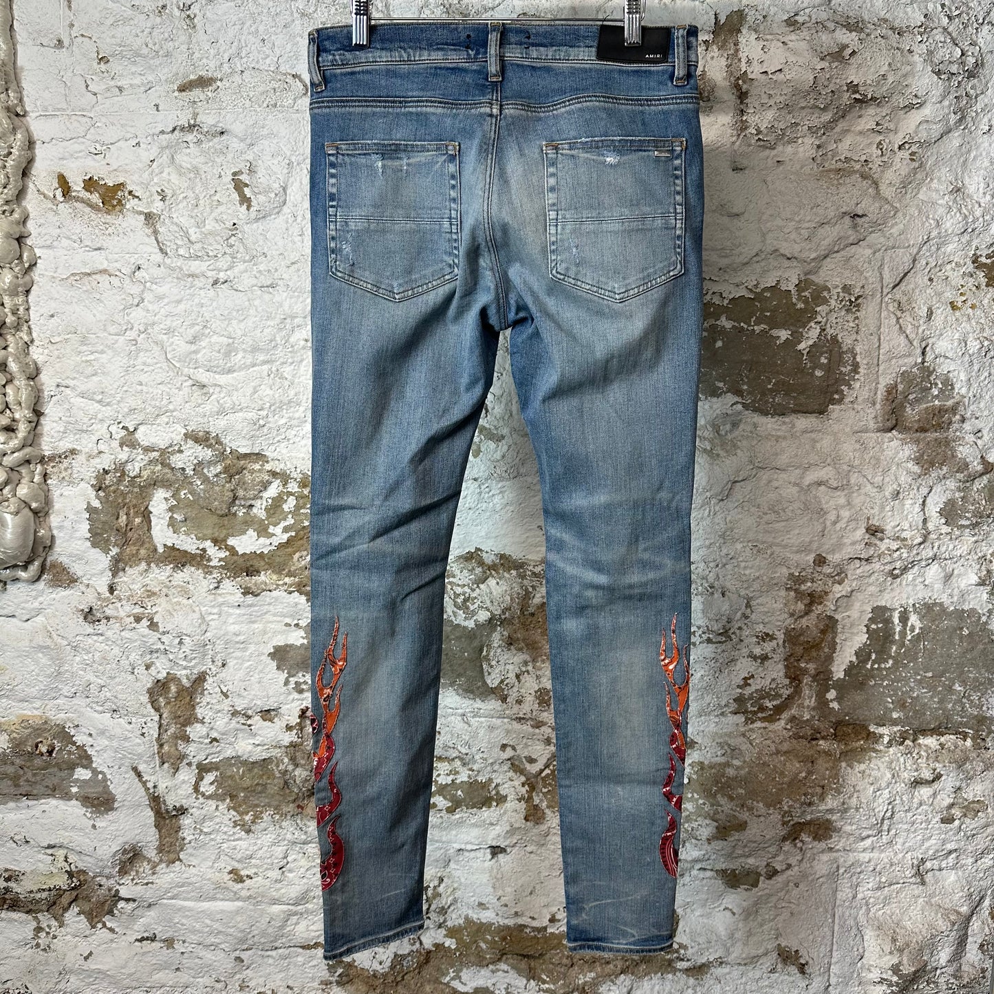 Amiri Red Orange Paisley Flame Blue Denim Jeans Sz 32