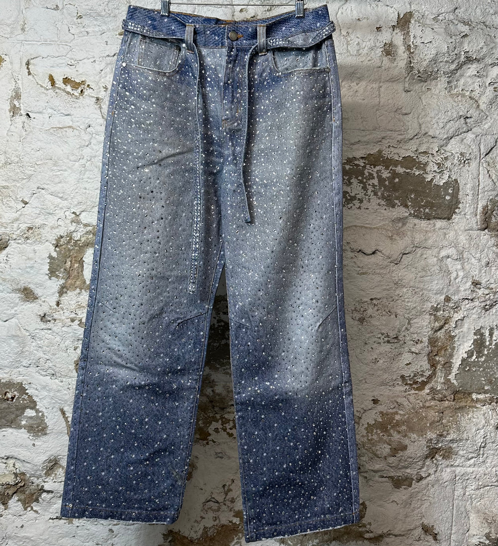 Birth Of Royal Child Printed Washed Blue Rhinestone Jeans Sz M