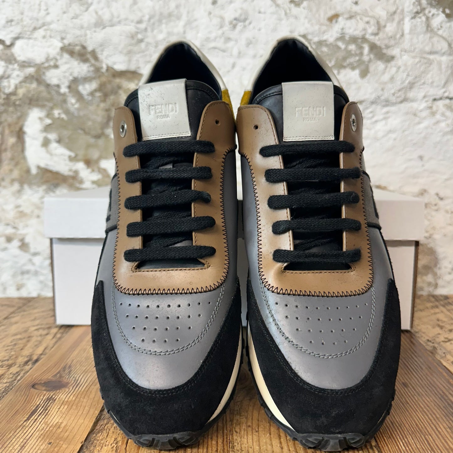 Fendi FF Logo Brown Grey Black Trainer Sneaker Sz 10