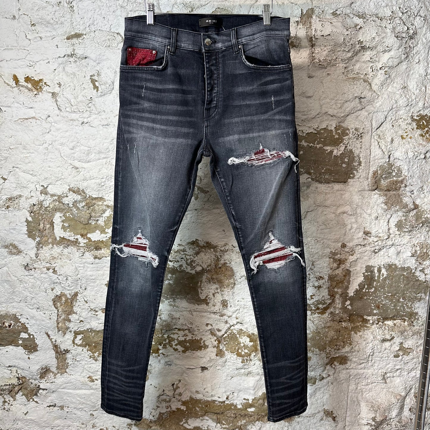 Amiri MX1 Red Glitter Grey Denim Jeans Sz 33