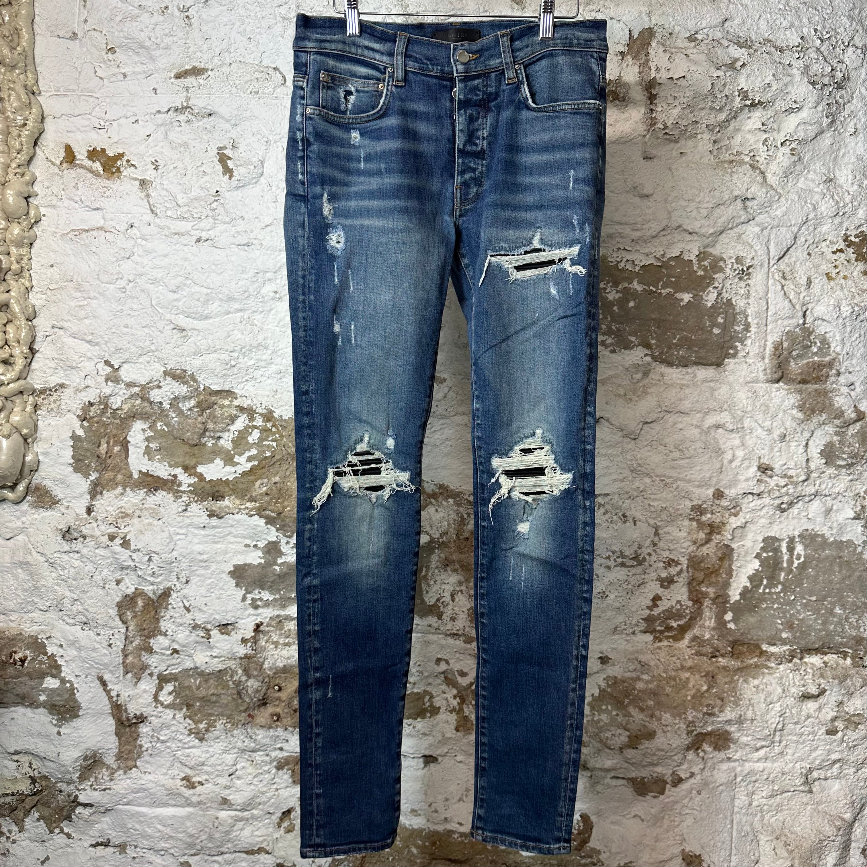 Amiri MX1 Black Leather Dark Blue Denim Jeans Sz 32